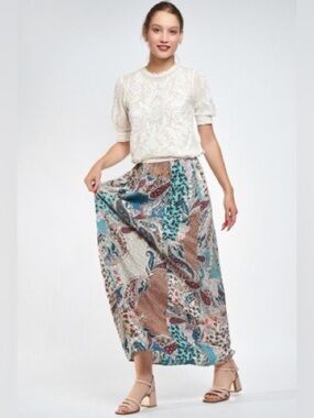 NWT Boho Paisley Patchwork Maxi Skirt in Teal and Brown with Slit